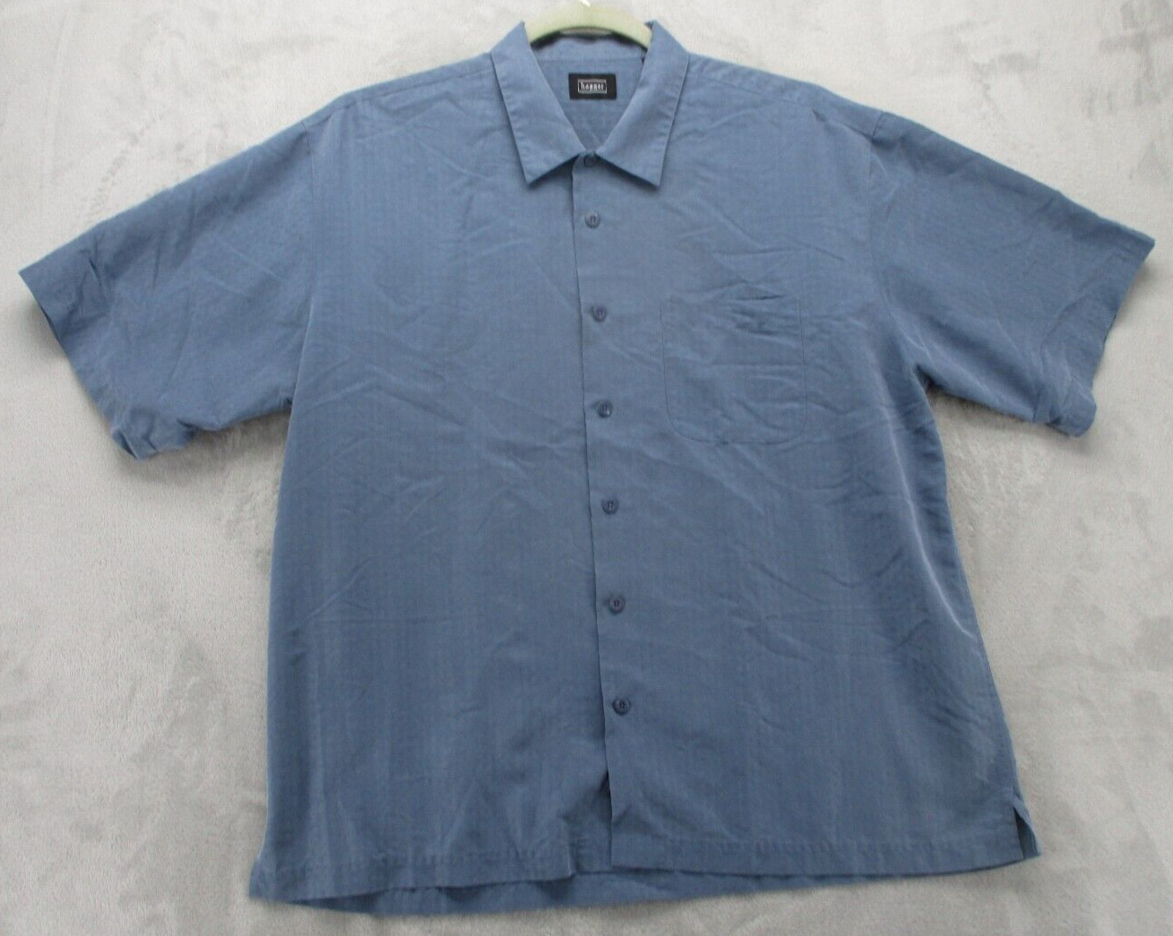 Haggar Button Up Shirt Mens XL Blue with Geometric Pattern Polyester Rayon Blend