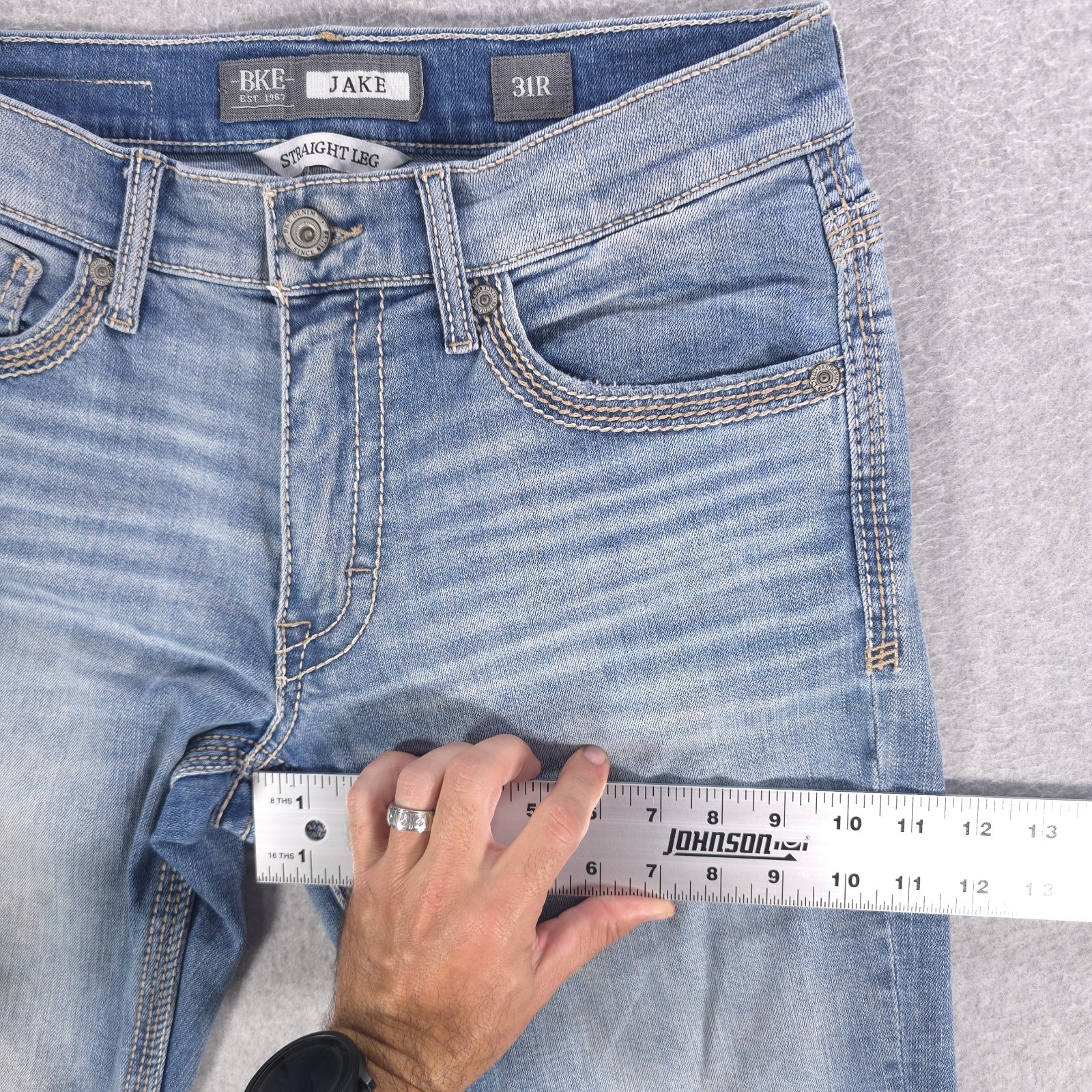 BKE Buckle Jake Straight Mid Whiskared Stretch Denim Casual Jeans Mens 31×32