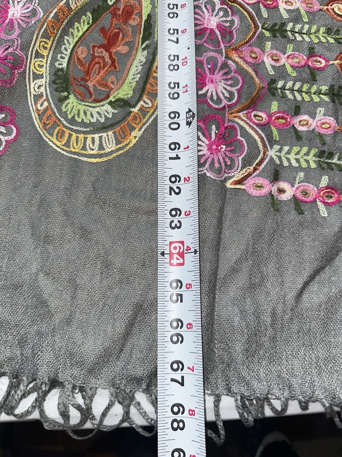 Cashmere Scarf Embroidered Wrap Shawl Paisley Floral Gray 68X26