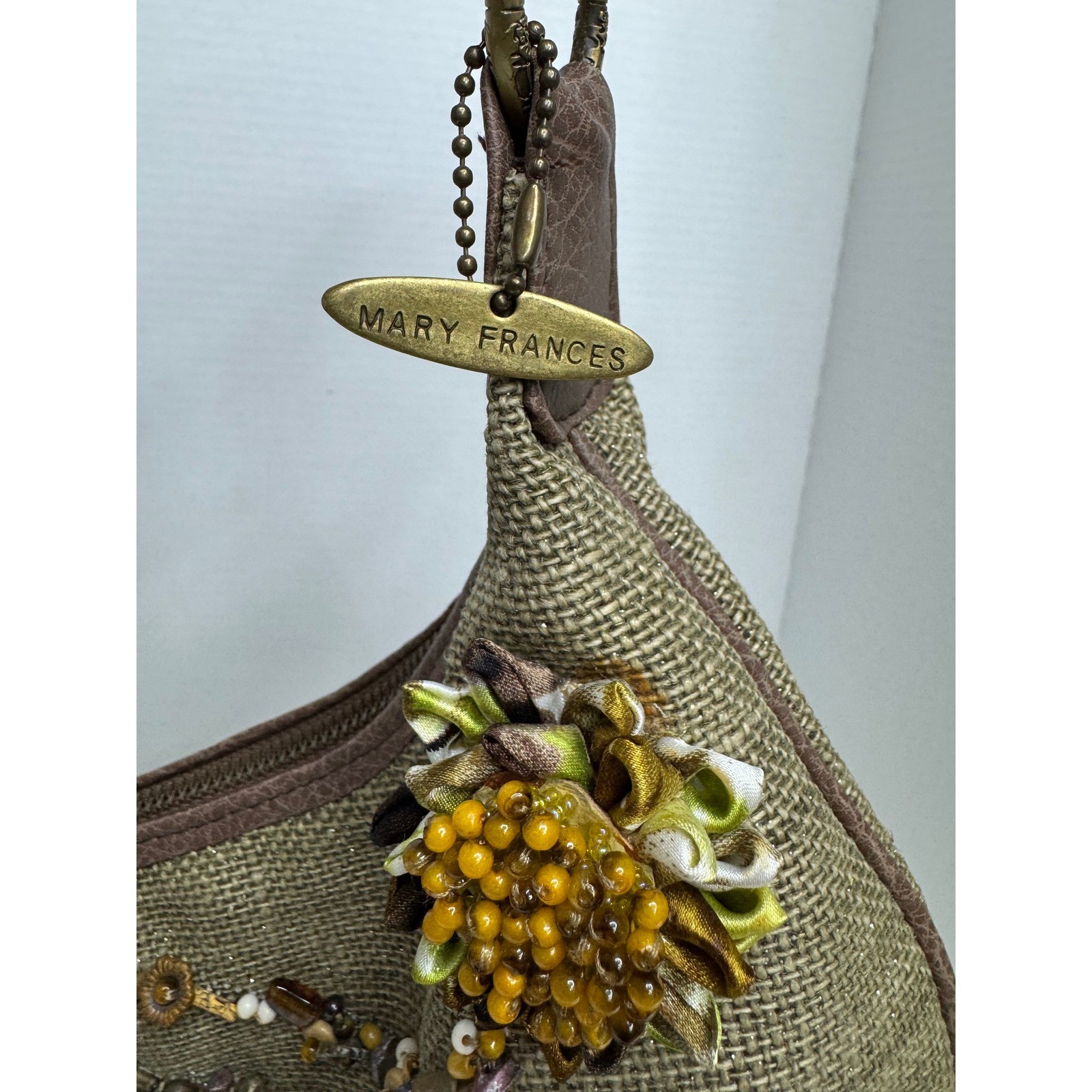 Mary Frances Olive Green Burlap Floral Embellished Beaded Hobo Bag Brown Braided