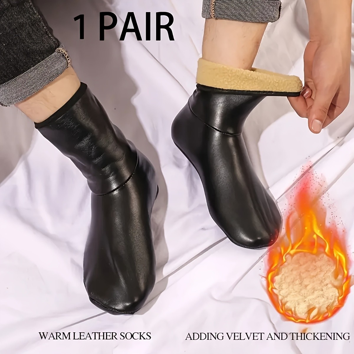 Unisex PU Leather Slipper Socks Thermal Fleece Lined Winter Warm Floor Booties