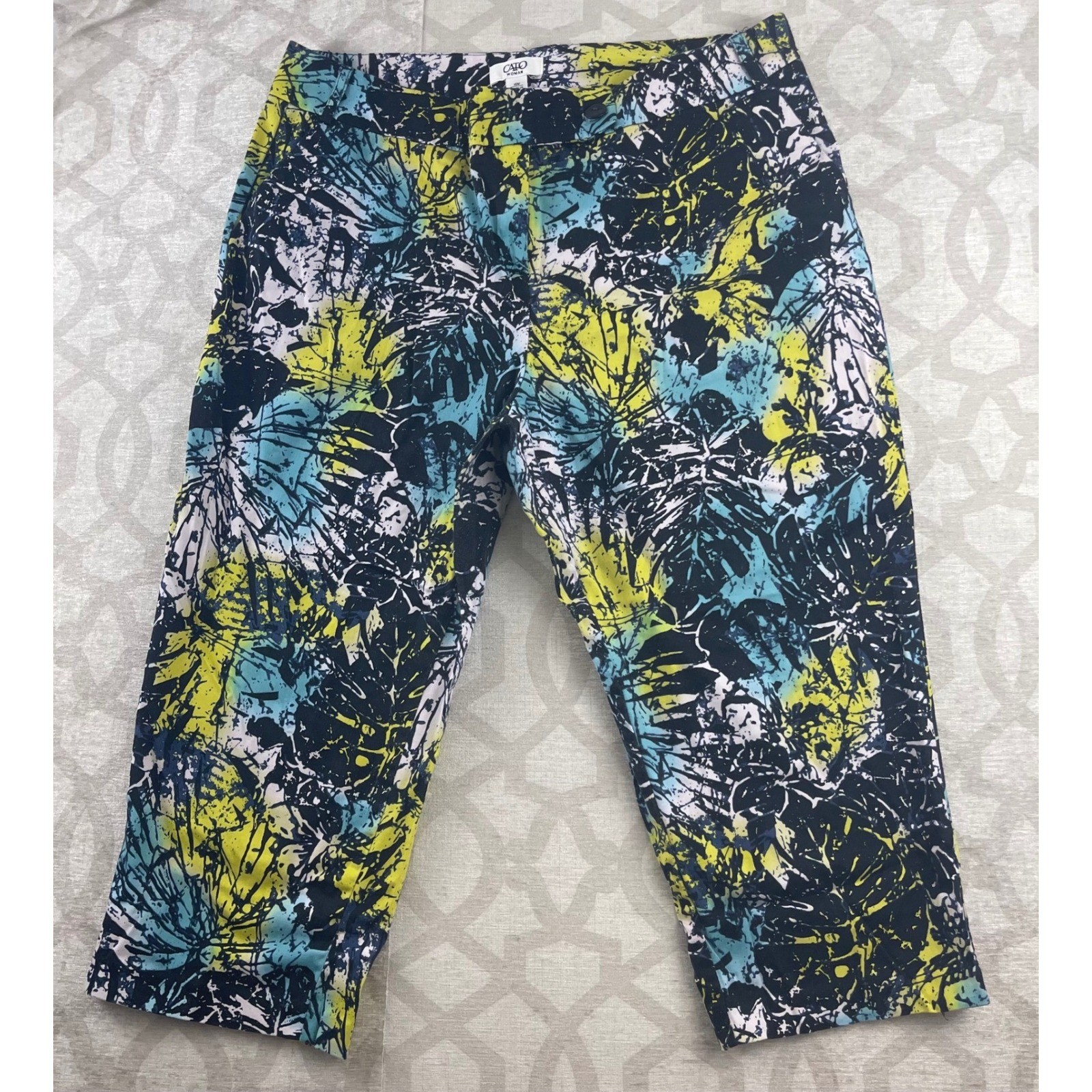Cato Woman 16W Cropped Pants Abstract Tropical Leaf Print Teal Lime Green Navy