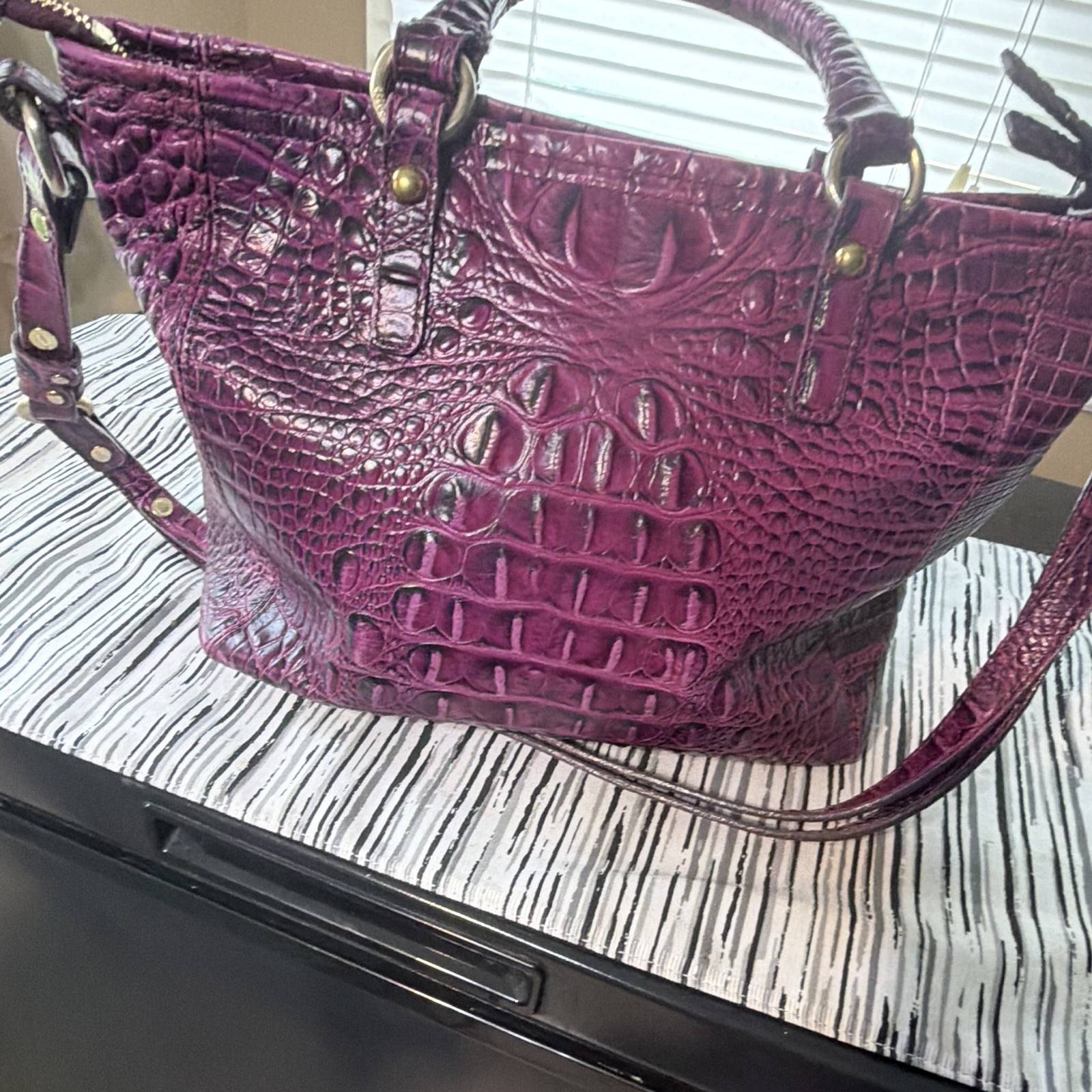 Brahmin Purple Animal Embossed Satchel Top Handle Zip Detachable Strap Gold
