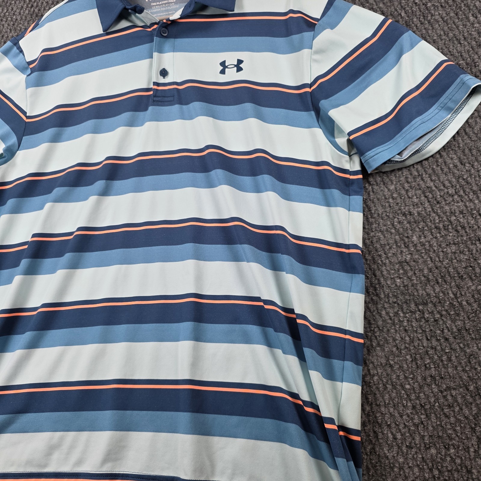 Under Armour Playoff Polo Shirt Mens XL Blue Coral Striped Loose Fit Golf Casual