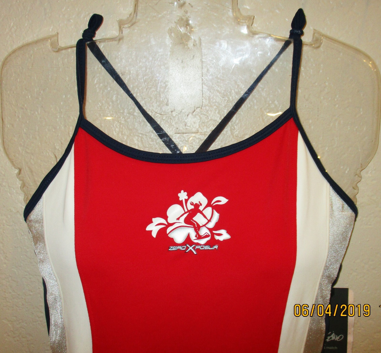 Mossimo Womens Modern Double Strap 1 Piece Swimsuit S 4-6 red/white/blue/silver