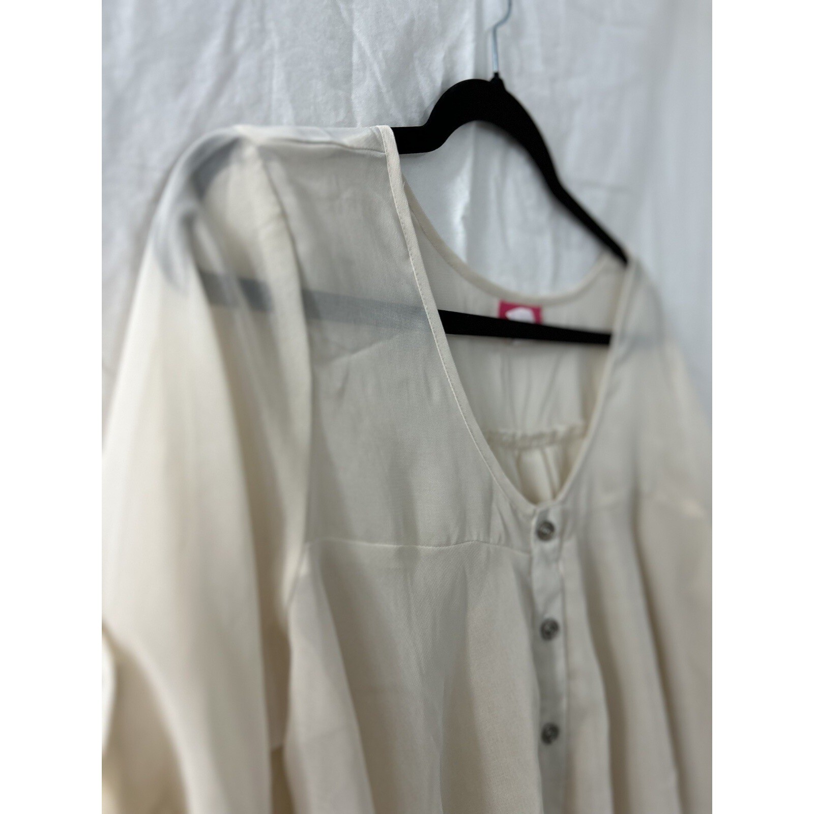 Analogy Sheer Chiffon Blouse L Ivory Roll Tab Button Boho Minimalist Office