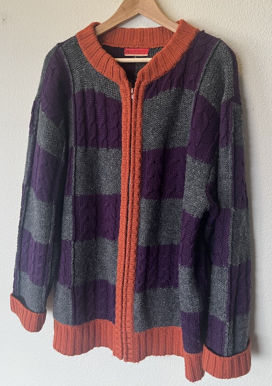 Norbit Brand Wool Full Zip Sweater Grey Purple Check Orange L READ DESCRIPTION