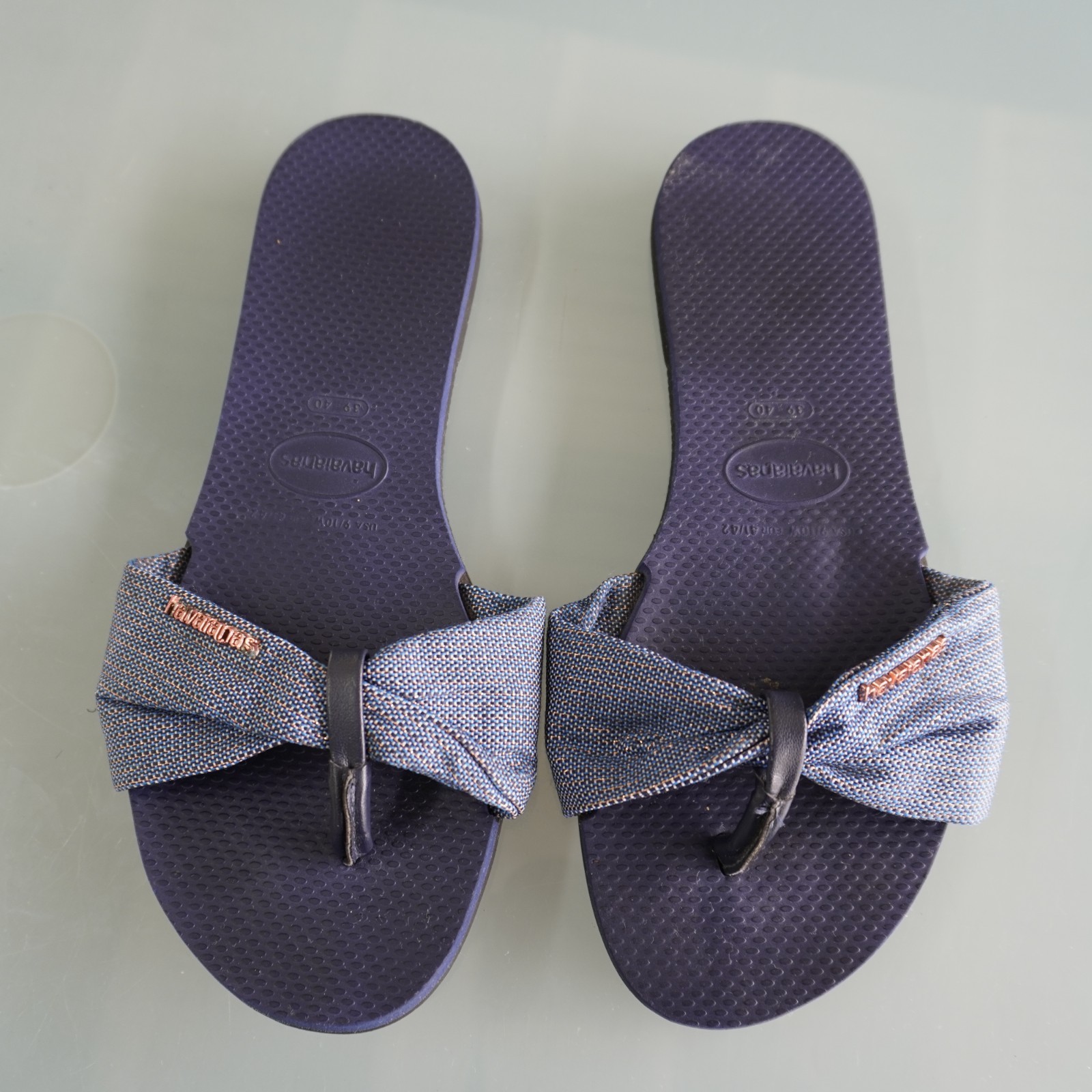 Havaianas You St Tropez Shine Sandals Womens 9 10 Navy Blue Fabric Bow Flip Flop
