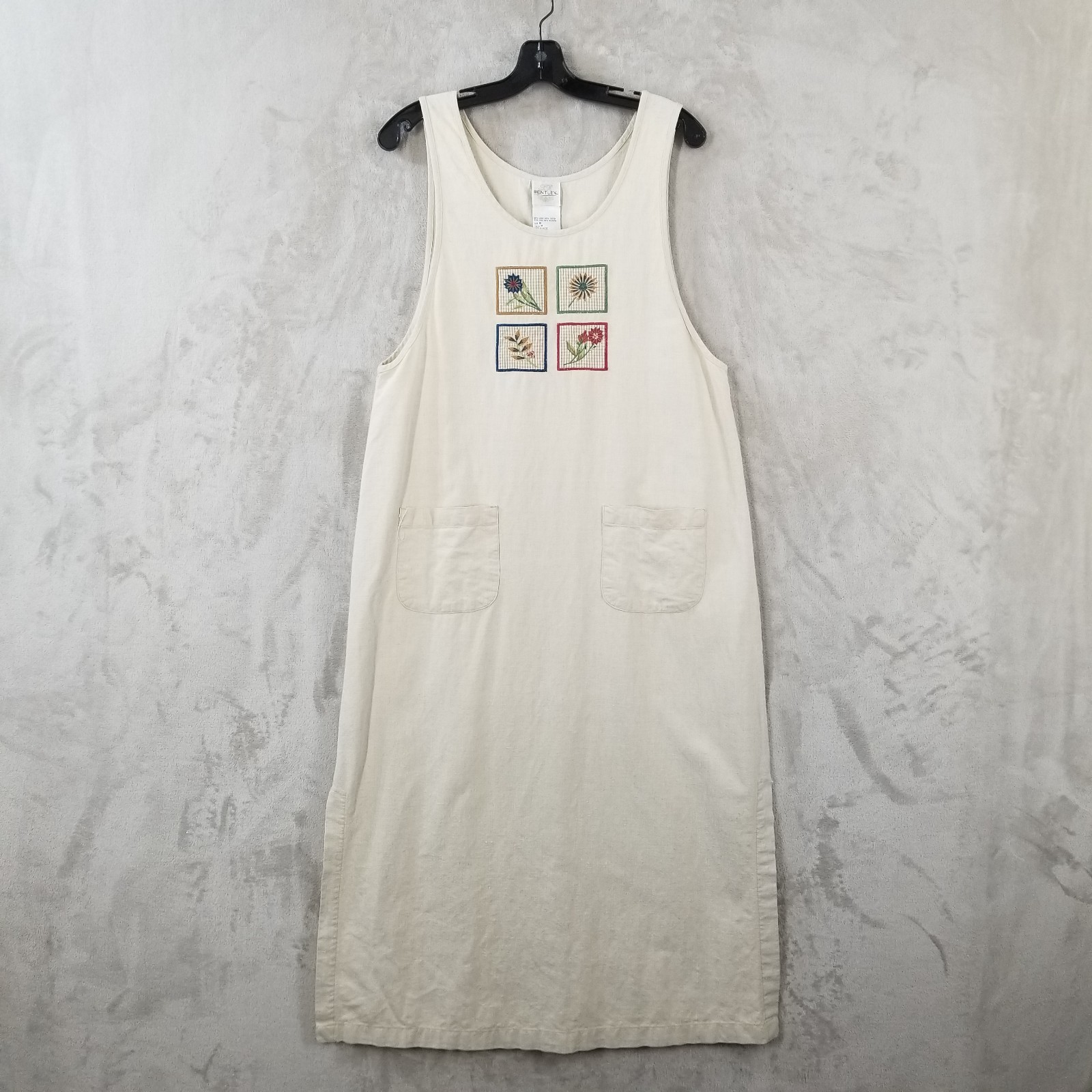 Vtg Dress Women M Beige Linen Cotton Embroidered Floral Slit Maxi USA Cottage