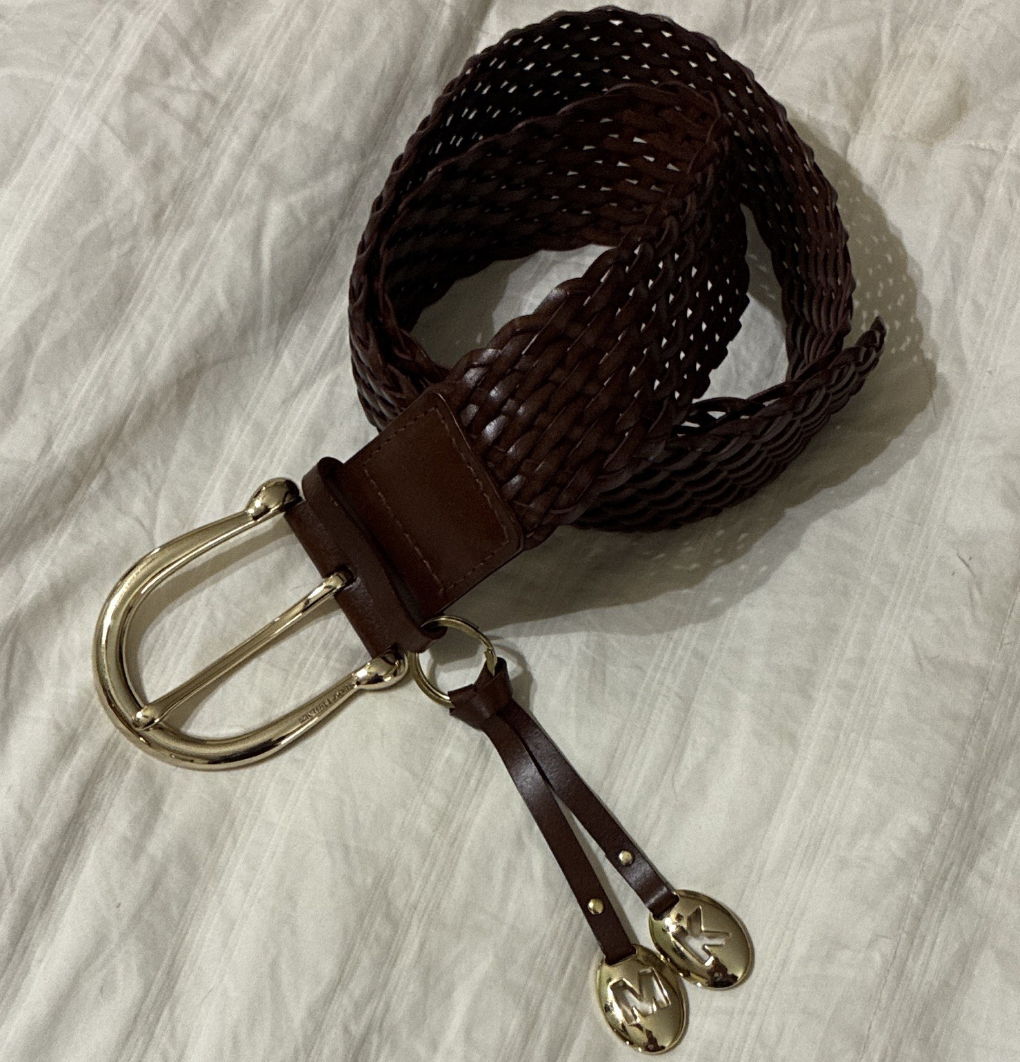 Michael Kors Women’s Brown Braided Belt Gold-Tone Buckle Logo Accent Size M