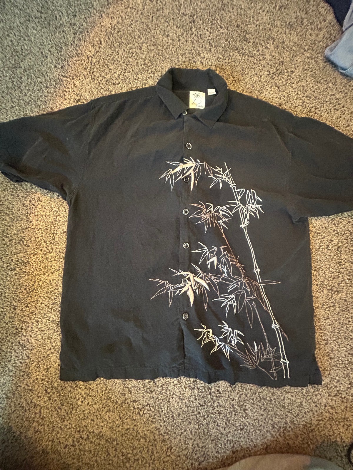 Brigata 100% Silk Button-Down Black Shirt Mens L Embroidered Bamboo Resort