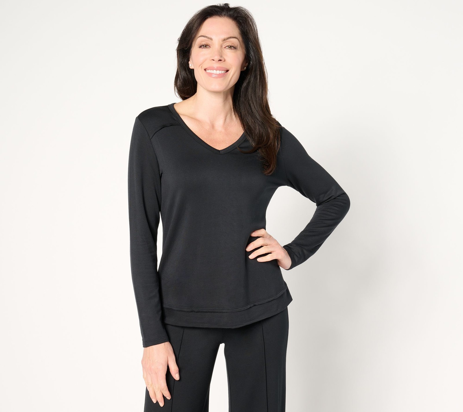 Anybody Women’s Top Sz L Brushed French Terry V-Neck Pullover Black A675613