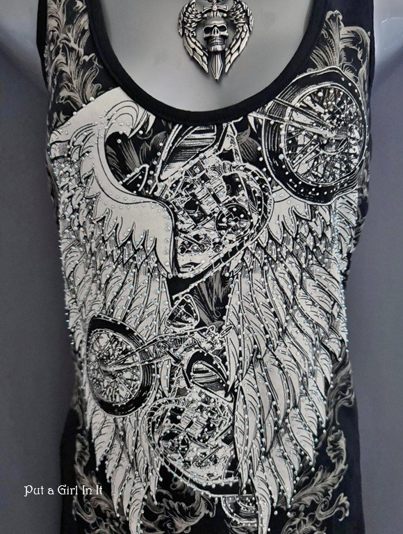 New Womens BLACK CRYSTAL MOTORCYCLE ANGEL WINGS BIKER TANK TOP S M L XL 1X 2X 3X