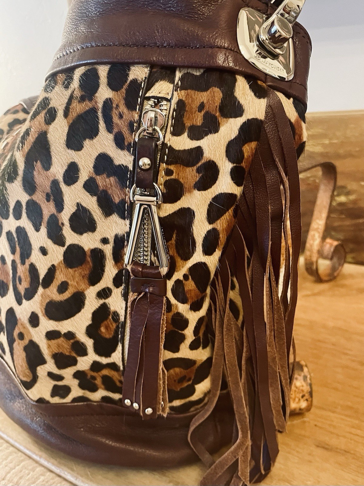 B. Makowsky Leopard Print Fringe Zipper Accent Women’s Shoulder Bag