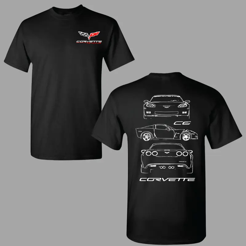 Corvette C6 Technical Sketch T-shirt, 2 Sides Graphic Tee Featuring Front Side R