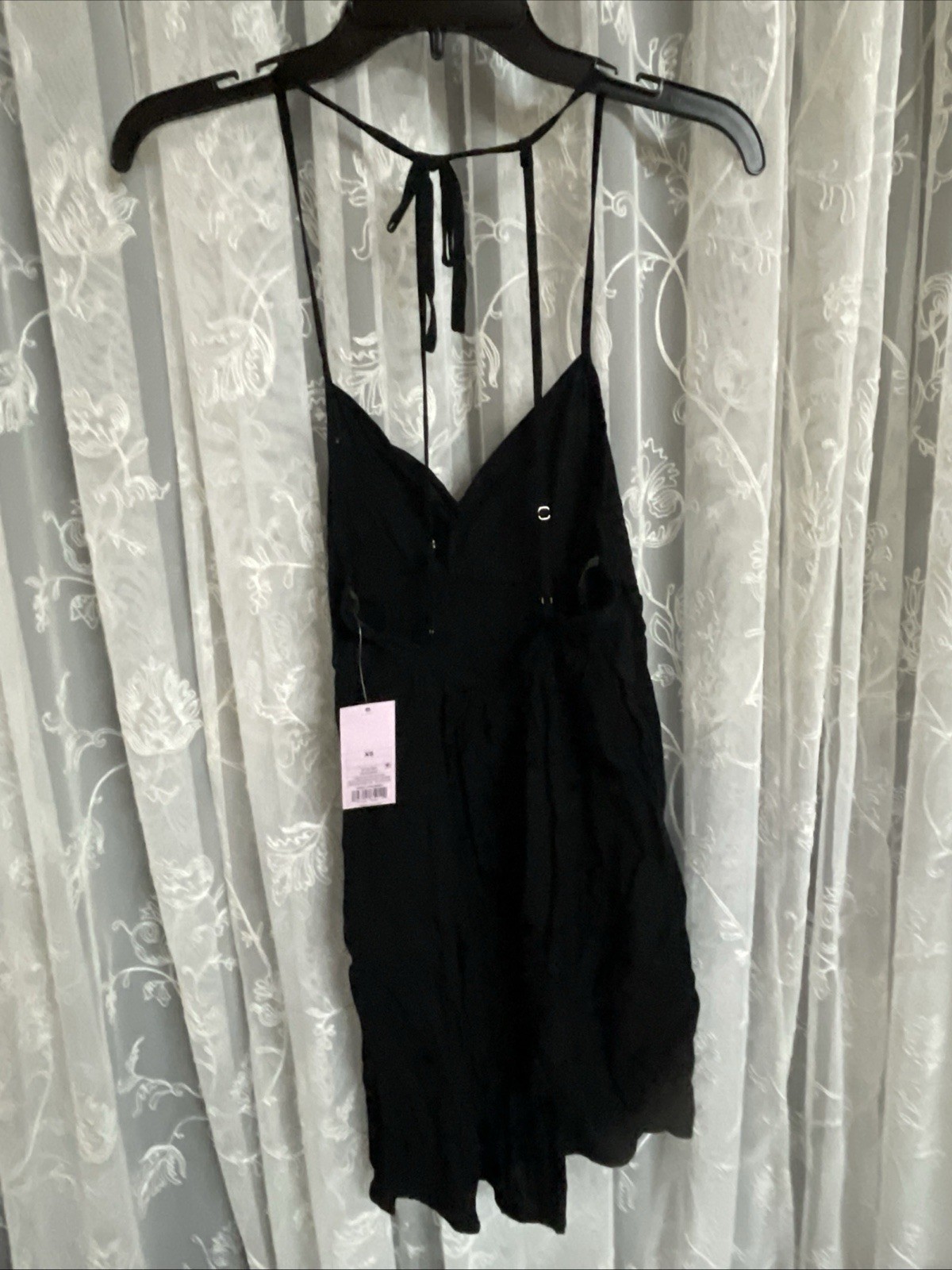Kendall & Kylie Black Ruched Mini Dress XS Spaghetti Strap Tie Back Rayon NWT