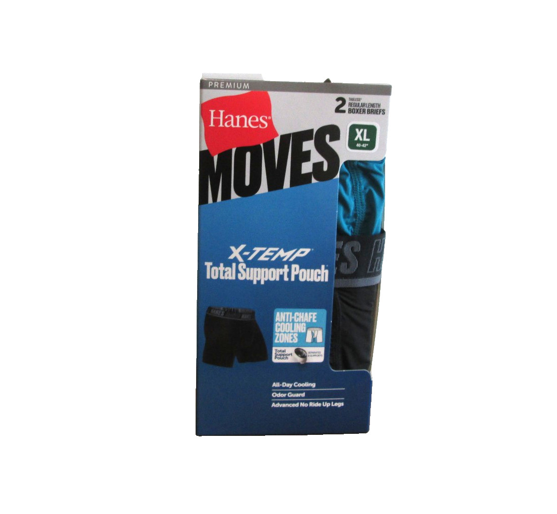Brand New Men’s Hanes Moves 2 Pack X-Temp Regular Leg Tagless Boxer Briefs XL