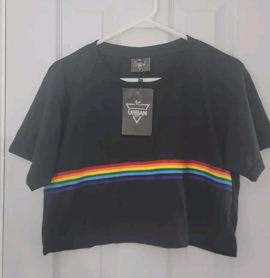 Womens XL Urban Buck Crop Top T-shirt Black With Rainbow Stripe
