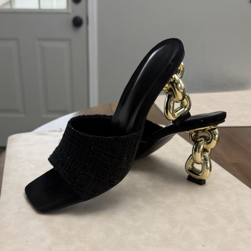 Women’s Black Slide Mule Sandals Gold Chain Accent Synthetic Upper EU 37