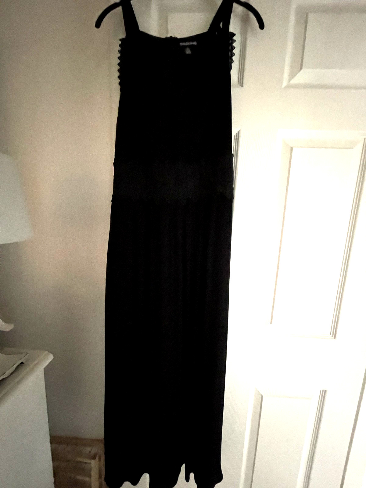 NINA LEONARD XL 52″ Long Black V-Neck Gown With Straps Back Zipper Lace Accents