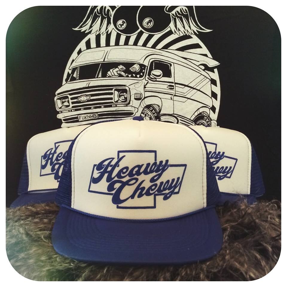 HEAVY CHEVY BLUE & WHITE TRUCKER HAT van g10 vandura grill patch shirt shorty