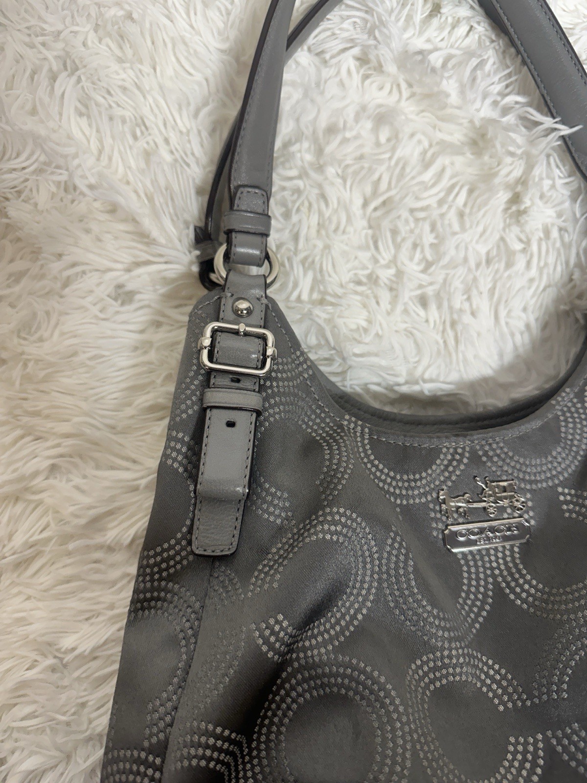 Coach Madison Maggie Dotted Op Art Gray & Silver Sateen Hobo Shoulder Bag