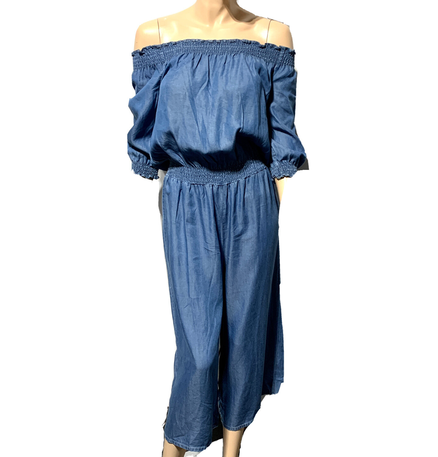 Walter Baker Kaiser Jumpsuit Size S Off The Shoulder Wide Leg Chambray Denim NWT