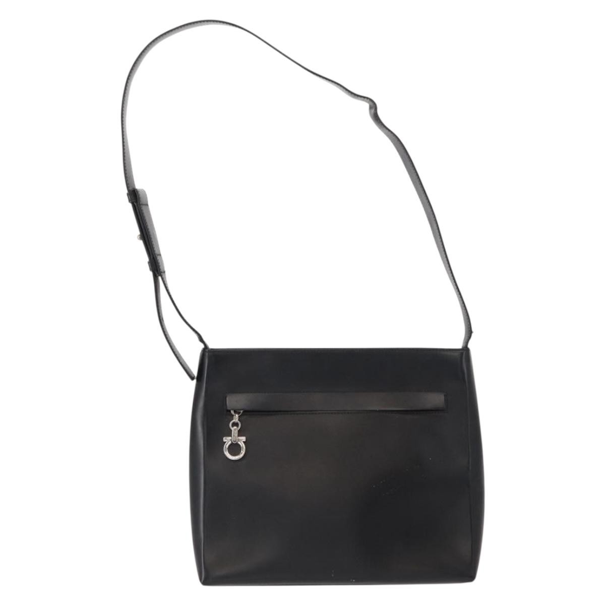 Salvatore Ferragamo Gancini Shoulder Bag Leather Black Silver Auth BA8223