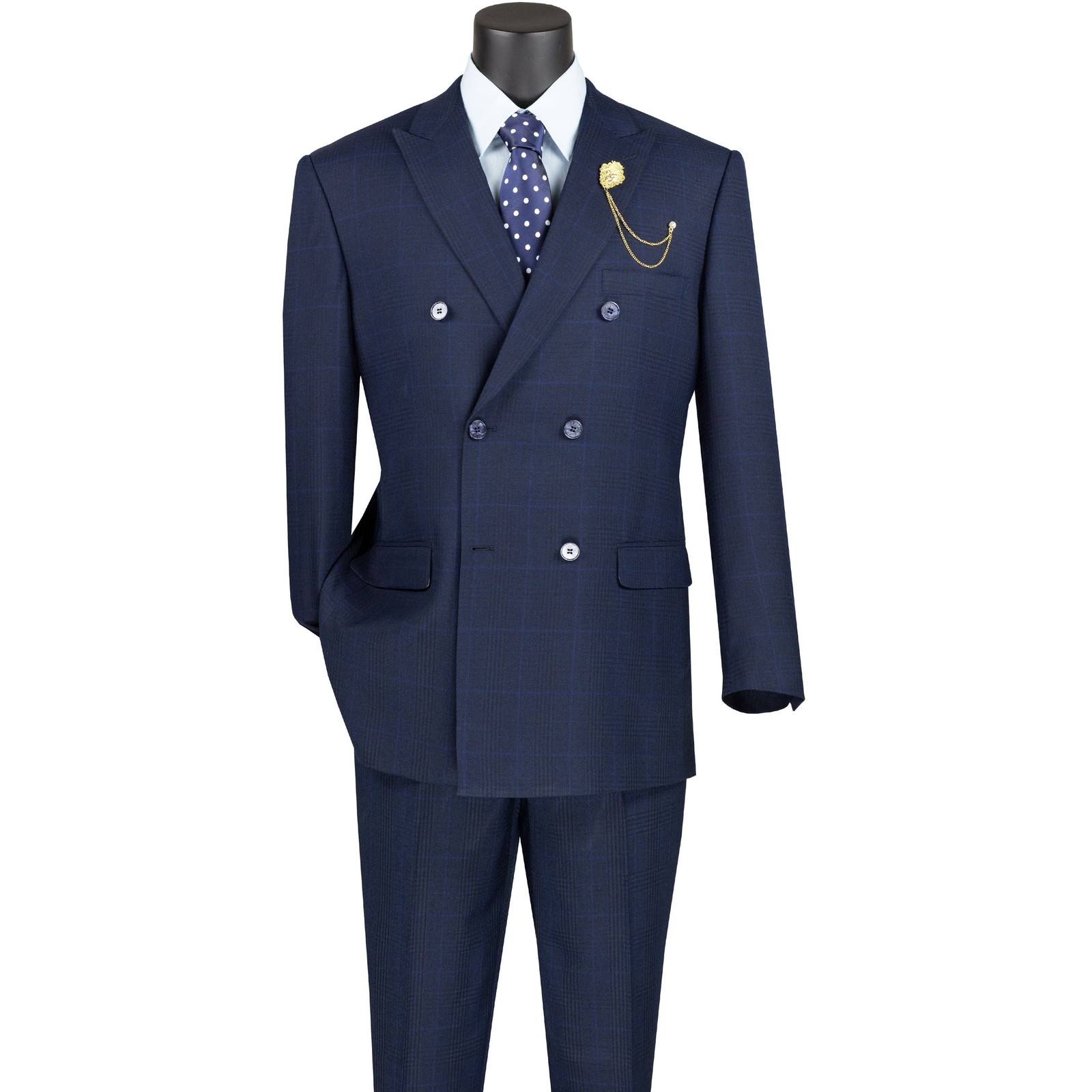 VINCI Men’s Navy Glen Plaid Double Breasted Classic Fit Suit w/ Flex Waist – NEW