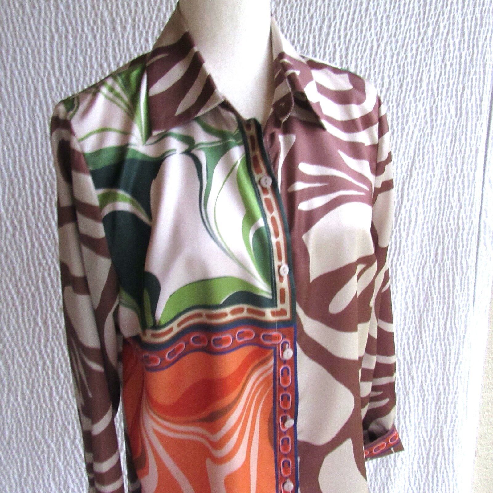 Colorful Abstract Designer Shirt Womens S Her Bottari Silky Long Slv Top Buttons