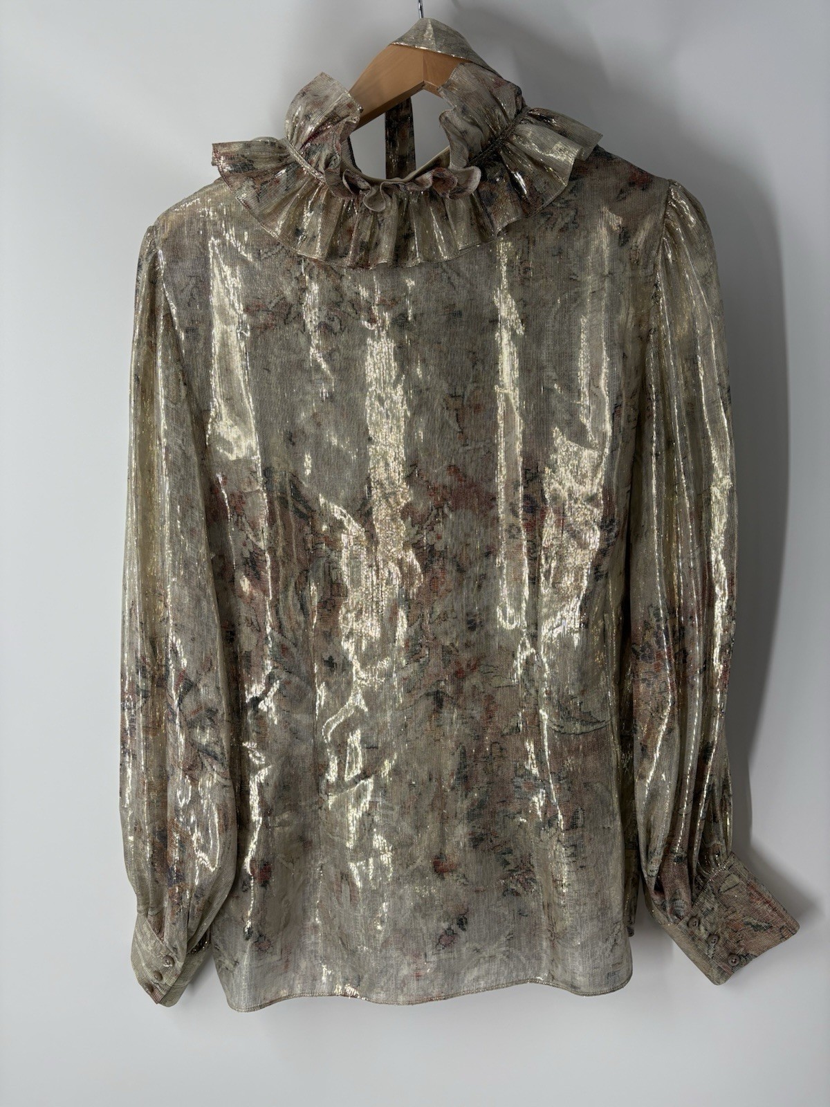Ralph Lauren Collection Puff Sleeve Blouse Lurex Dress Shirt Tie Neck Silk 10 M