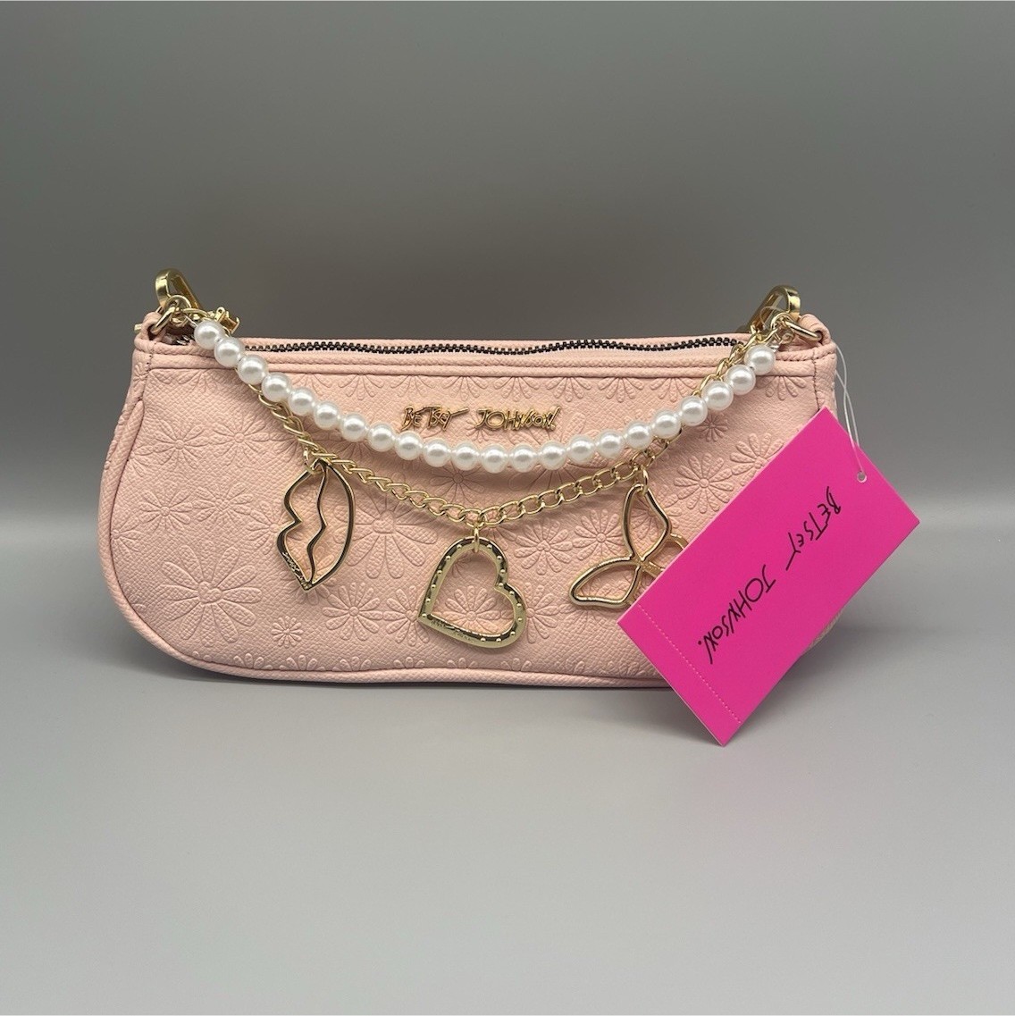 Betsey Johnson Pink Embossed Shoulder Bag Zip Pearl Chain Detach Strap NEW