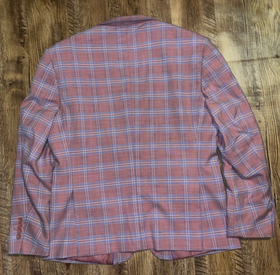 Men’s Lineage Pink Blue Plaid Polyester Blend Blazer Suit Sz 42S Pants 35×29