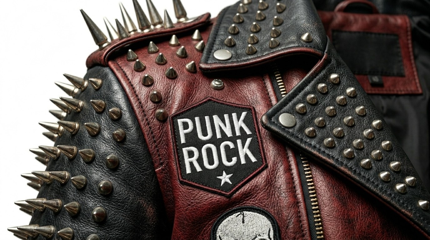 Men’s Punk Rock Studded Leather Jacket – Red Black Spiked Skull Biker Motorcycle
