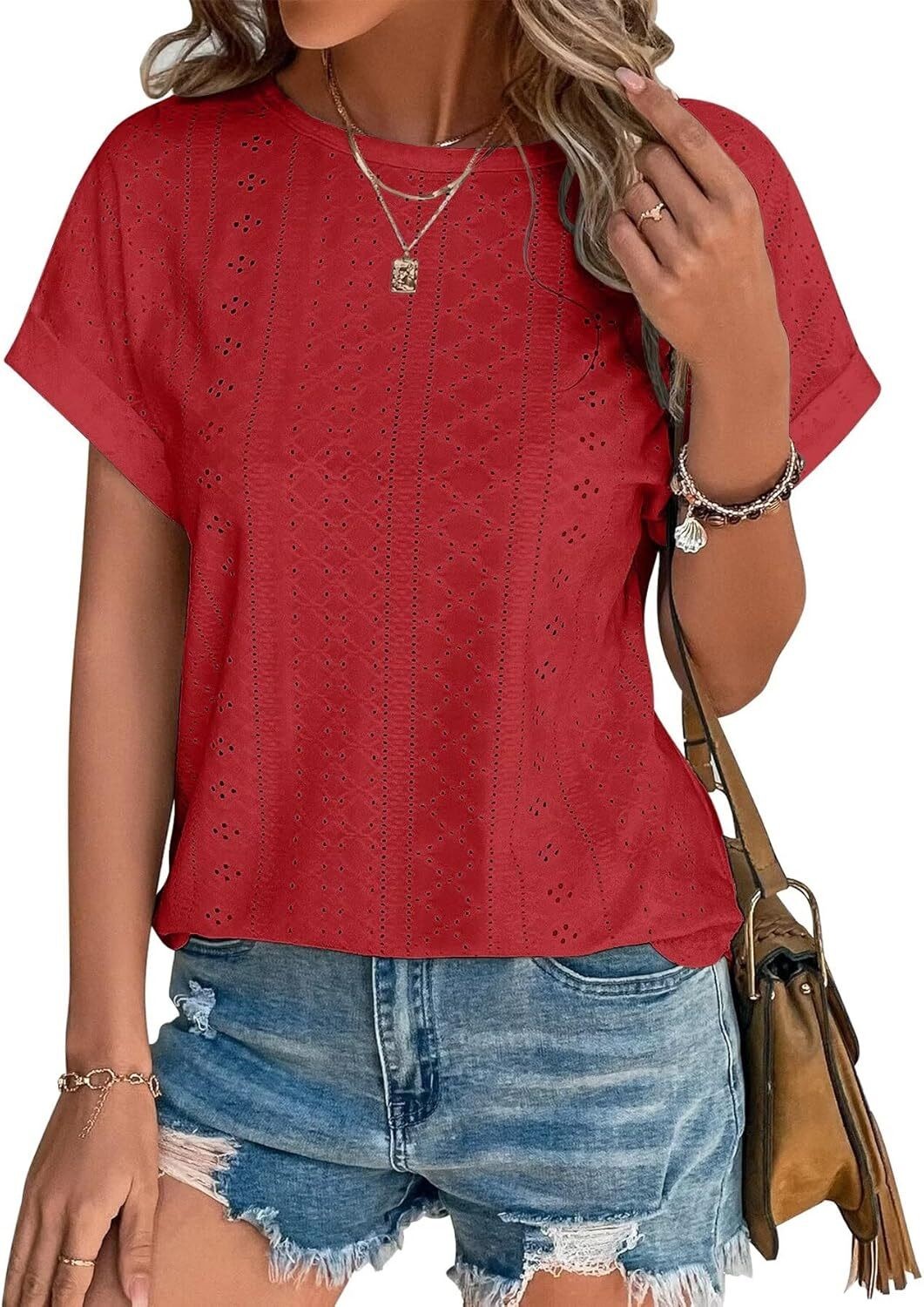 Womens Eyelet Embroidery Top Short Sleeve Curved Hem Loose Fit Summer T Shirt