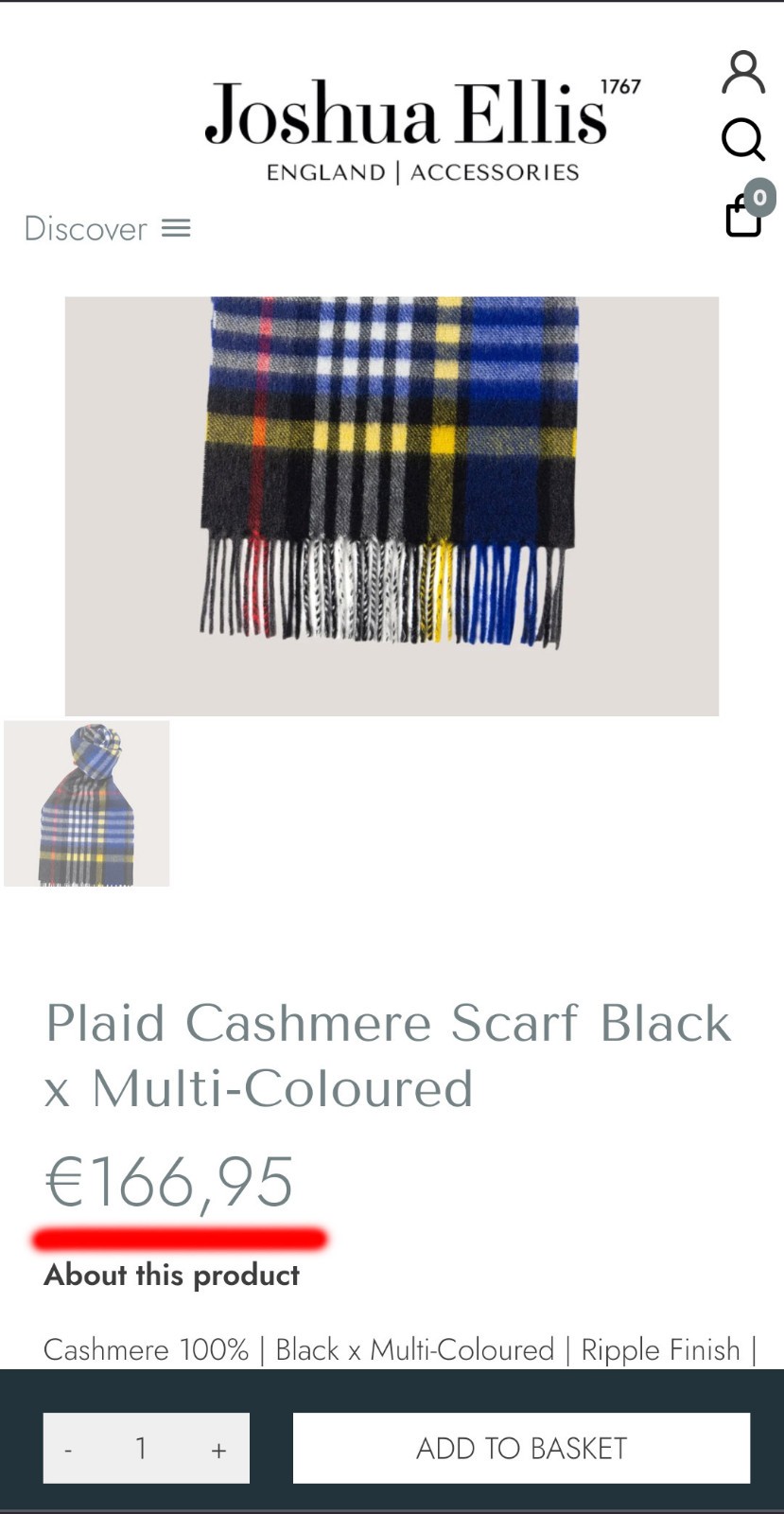 NP €167 Joshua Ellis 100% cashmere scarf, m.i. UK! checked, plaid, wool scarf