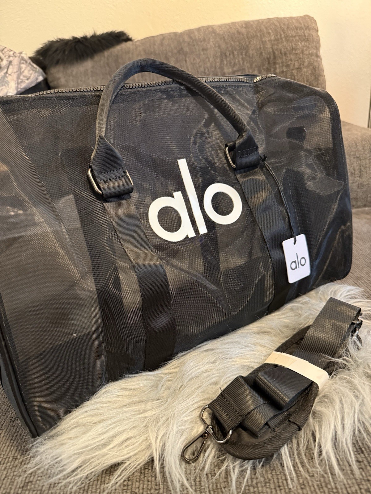 Alo Yoga Mini Sheer Duffle Bag Black Mesh Tote Lightweight Gym Travel Handbag