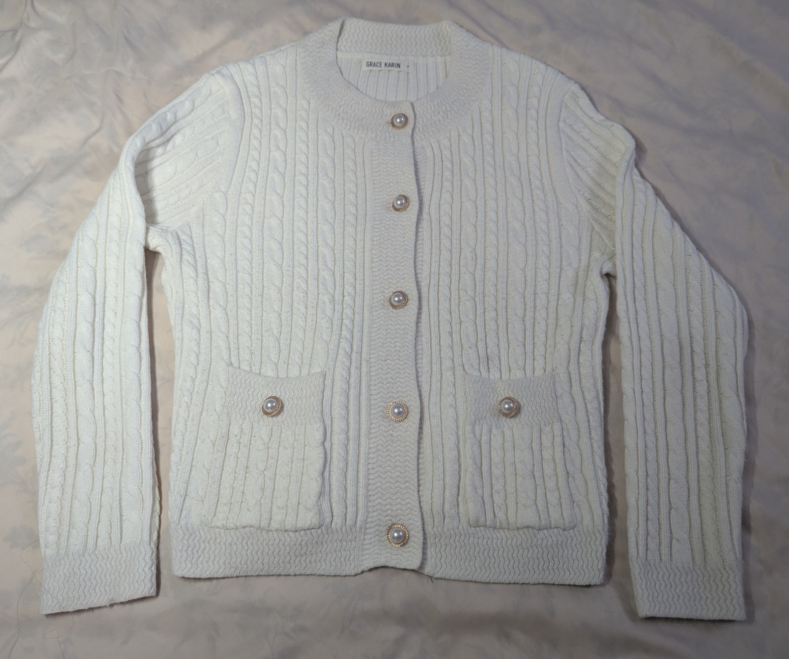 Grace Karin Women’s White Cable Knit Cardigan Pearl Button Sweater Size S Pocket