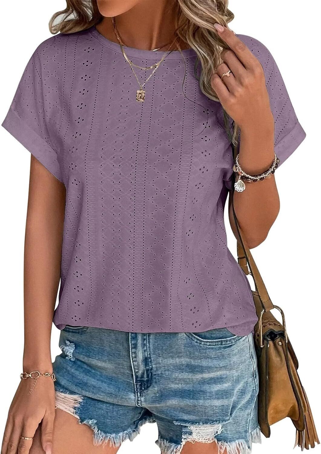 Womens Eyelet Embroidery Top Short Sleeve Curved Hem Loose Fit Summer T Shirt