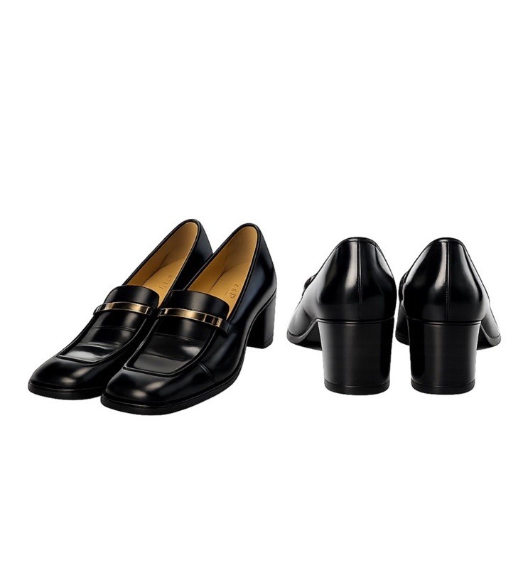 Gucci Black Leather Block Heel Loafers With Gold Band