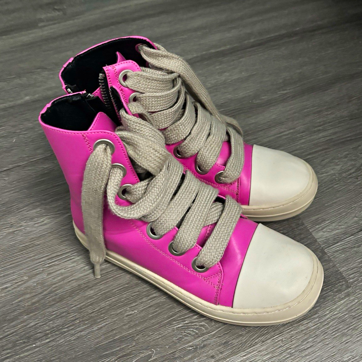 Rick Owens DRKSHDW Pink/White High-Top Sneaker Lace-Up Side Zip White Toe