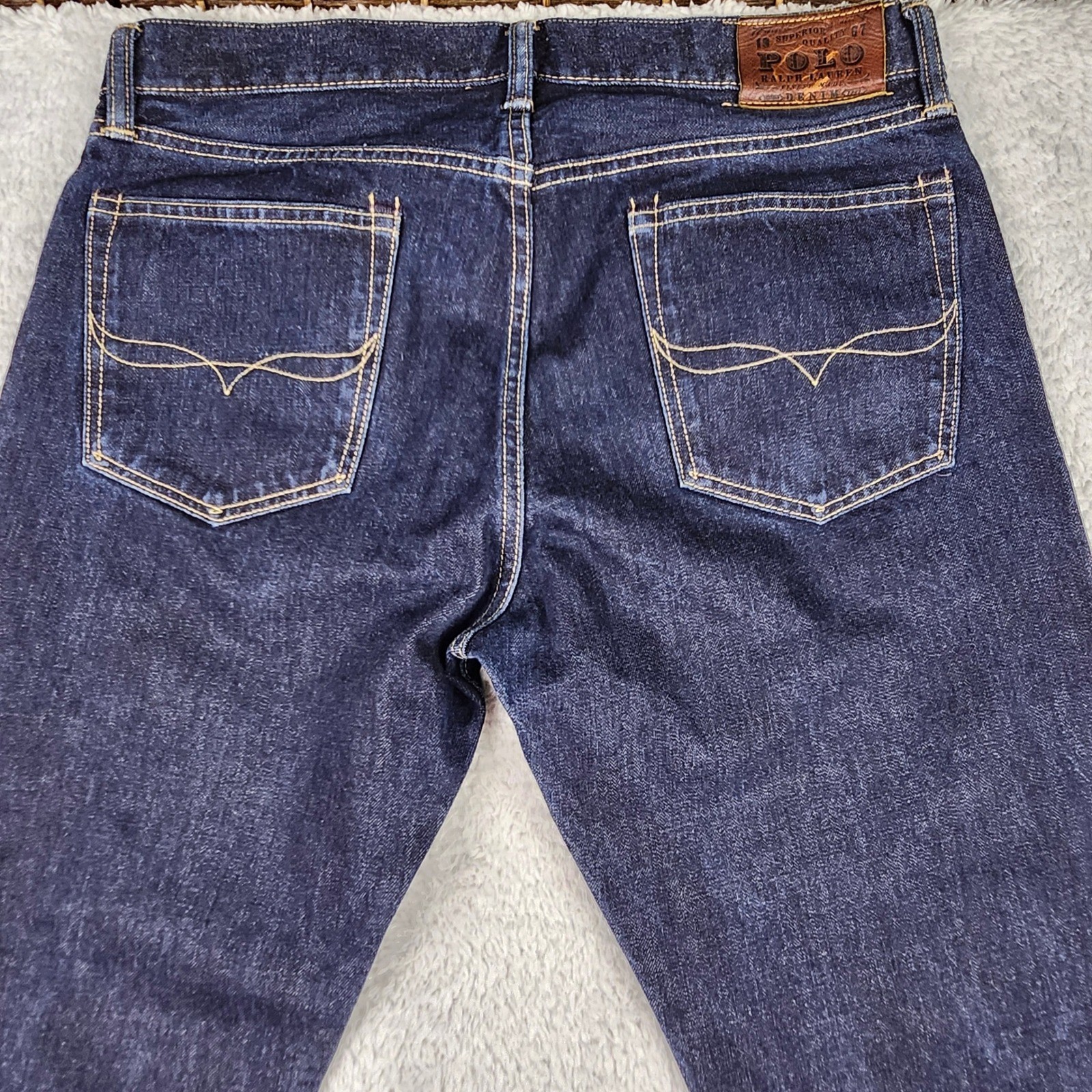 Polo Ralph Lauren Jeans Men 34×32 Dark Wash Straight Cotton Leather Patch Prep
