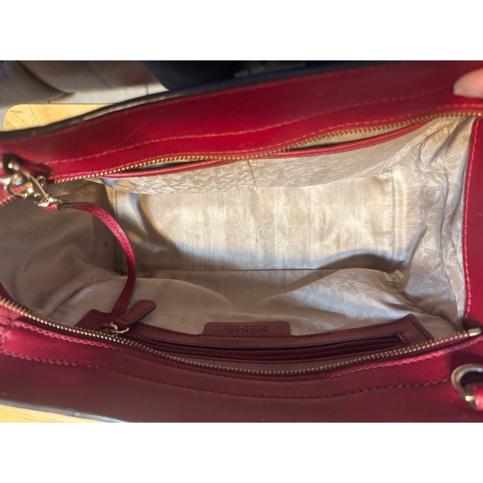 Michael Kors Savannah Saffiano Leather Satchel Burgundy Handbag Red Silver Tone