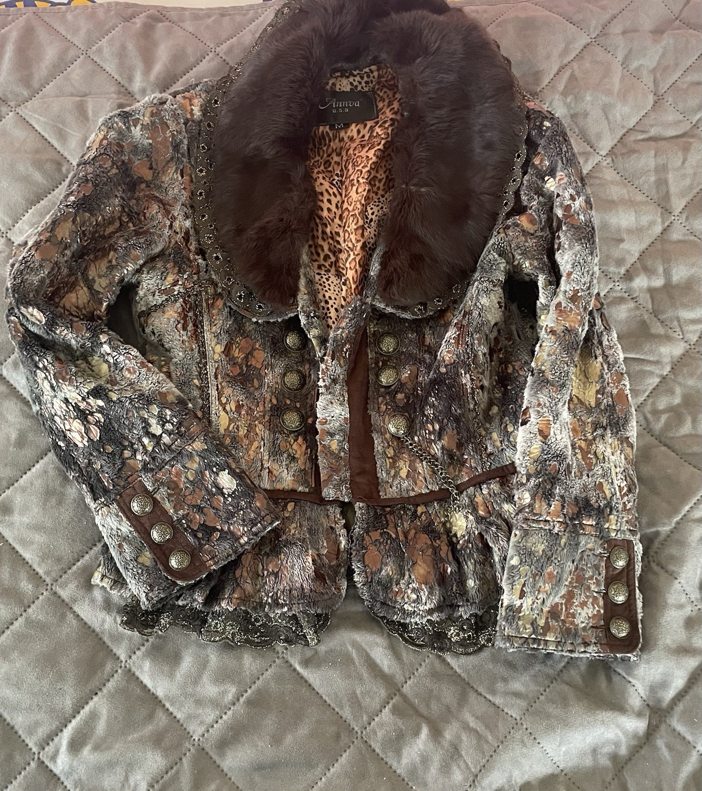 Annva Women’s Coat With Gold Patterning and Rabbit Fur Trim