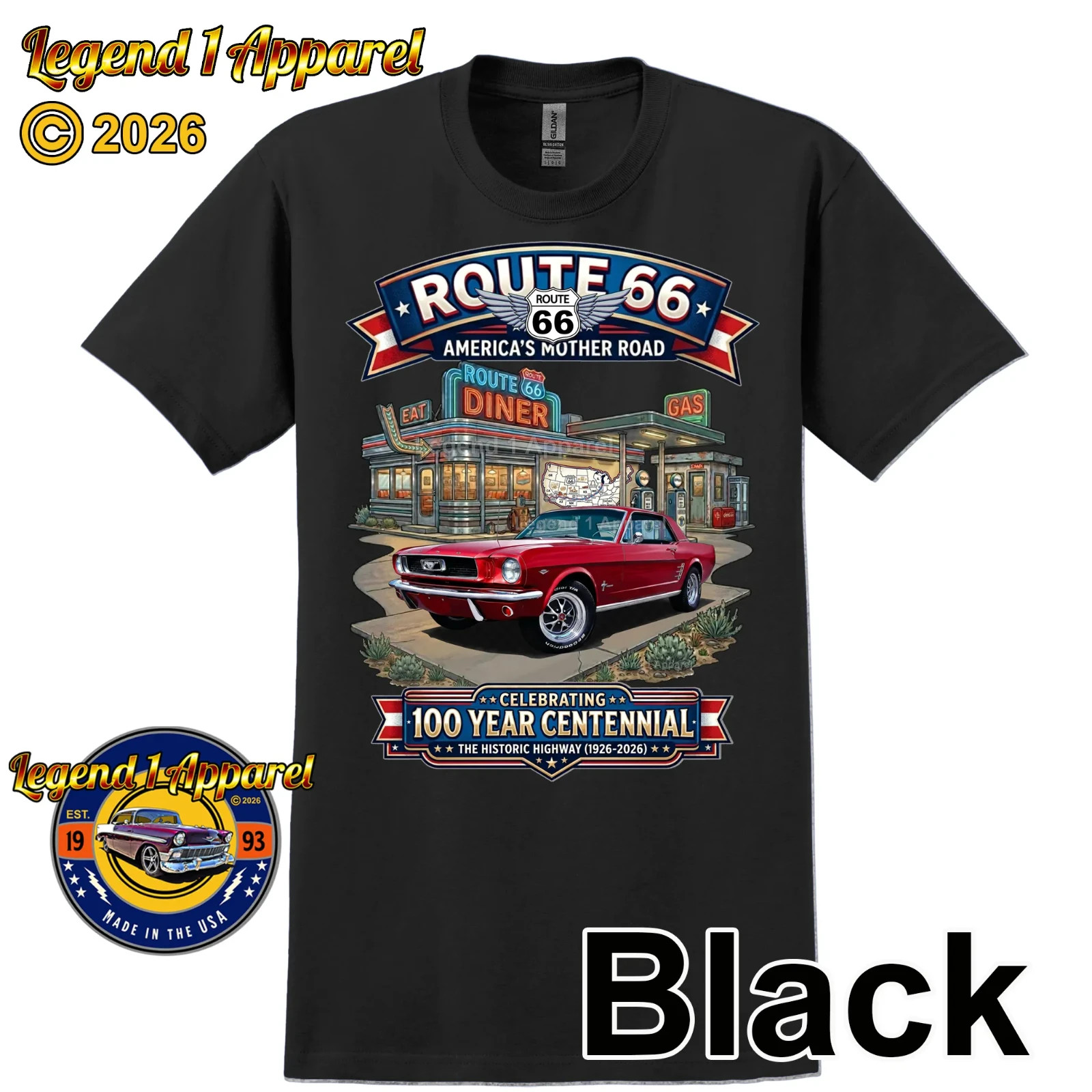 Route 66 100 Year Centennial, 1966 Mustang Hardtop Custom T-Shirt