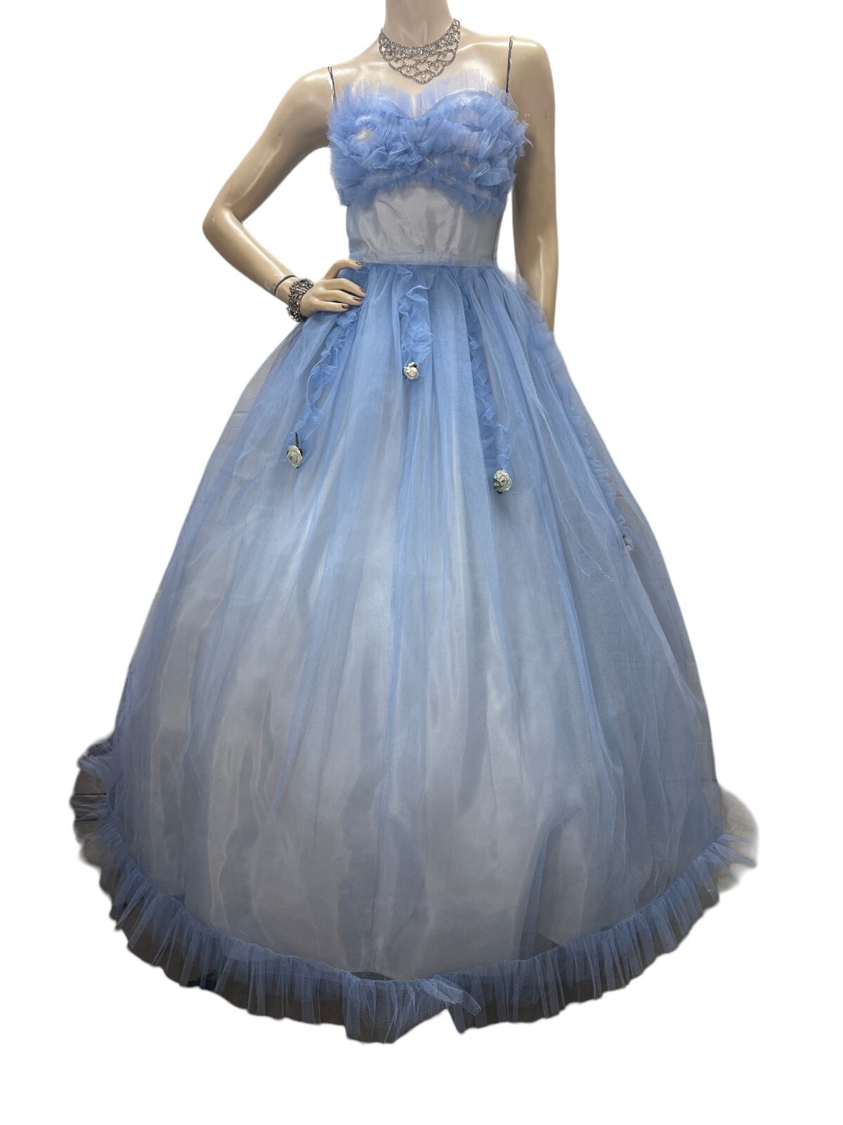 XS Vtg 50s Blue Dress Strapless Prom Party Ball Gown SATIN NET Rose Accent Skirt