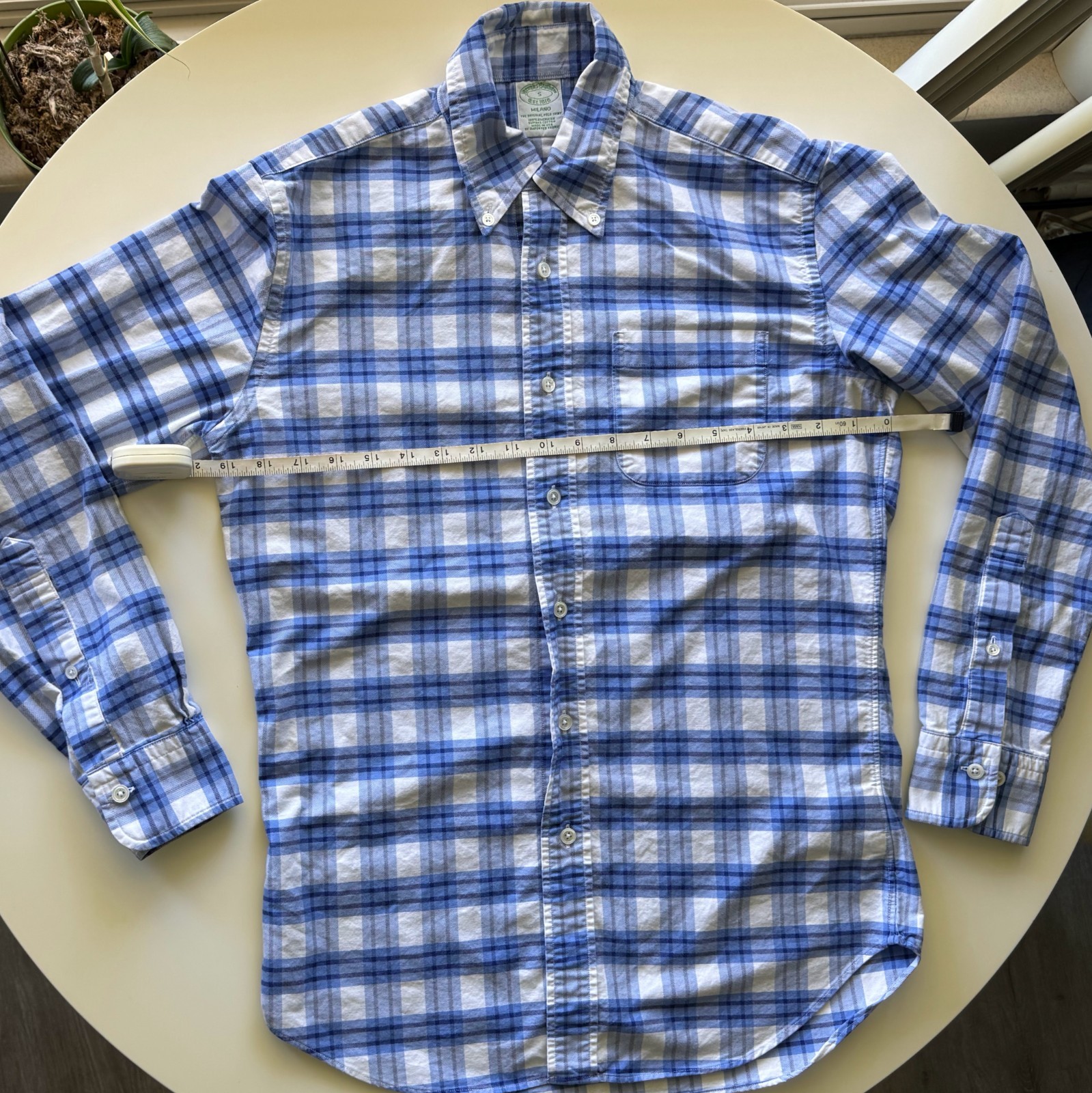 Brooks Brothers Milano Shirt S Small Blue Plaid Supima Cotton Made in USA Slim