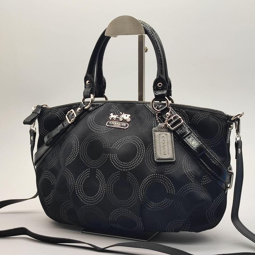 Coach Madison Dotted Op Art Sophia Satchel Bag Black Leather