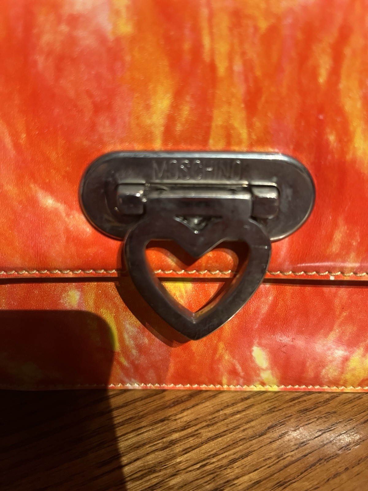 Vintage 90s Y2K Moschino Redwall Heart Locking Satchel Purse Orange Flames RARE