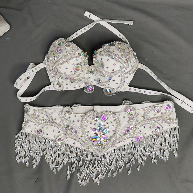 Beaded Belly Dance Costume EDC Party Samba Carnival Outfit (Bra Belt) 7 Colors